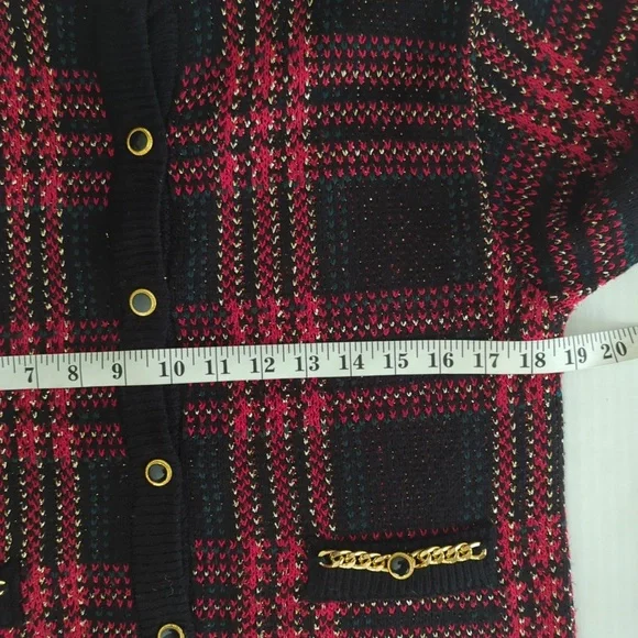 Just for Petites Plaid Chain Link Cardigan Sweater PM Black Red - Picture 16 of 16